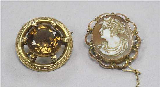 A 9ct gold and cameo and a yellow metal and citrine brooch.